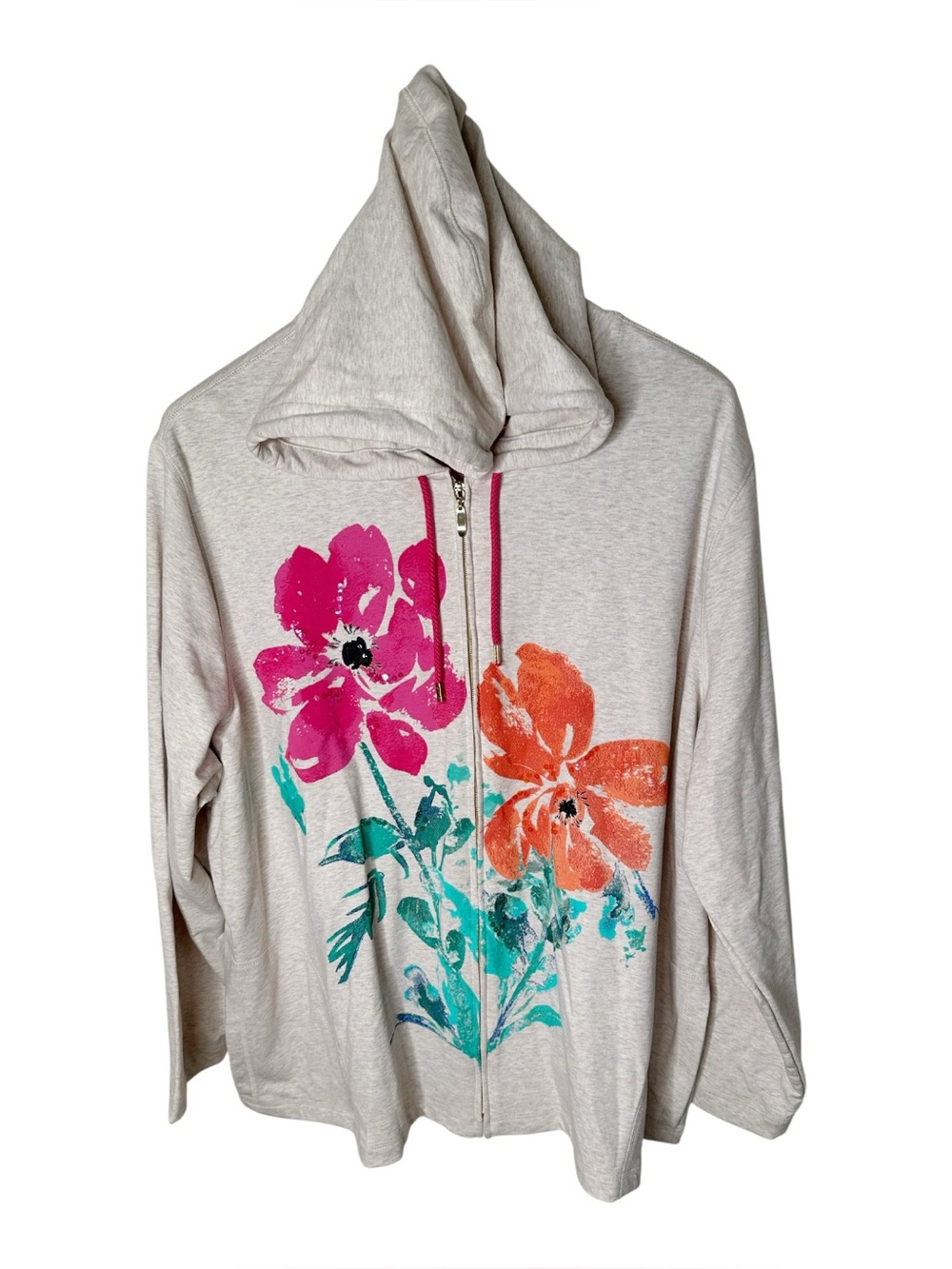 Susan Graver French Terry Full Zip Hoodie Size 3X Painterly Floral Sequins
